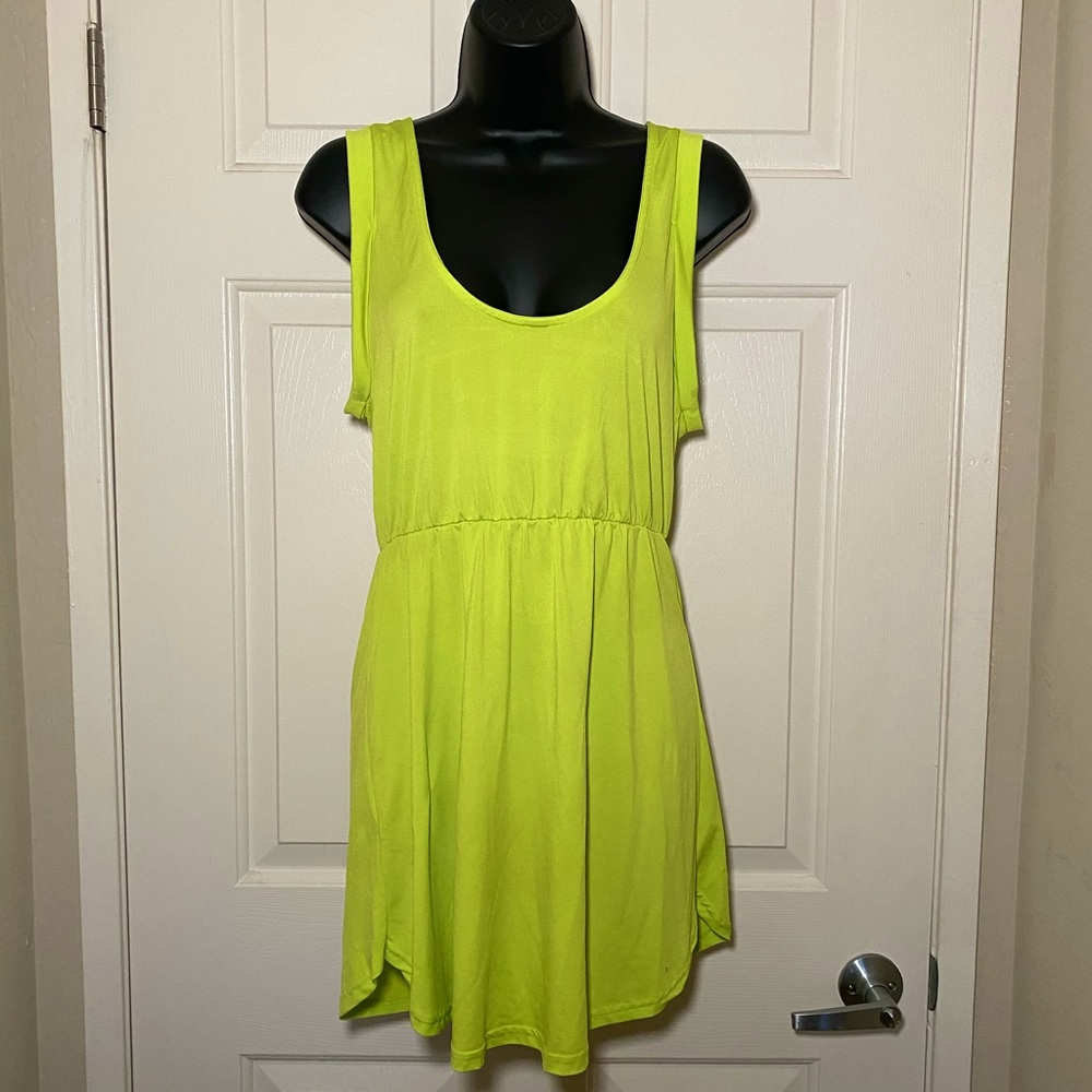 Fun Summer Sexy Easy Slip-On Relaxed Elastic Waist Chartreuse Mini Dress S-M